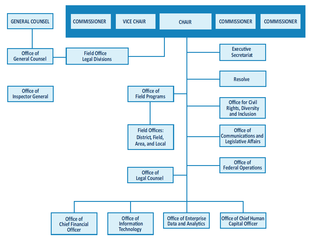 The EEOC leadership consists of the Chair, Vice Chair, three Commissioners, and the General Counsel who each have independent authority and do not report to anyone else at the EEOC. The EEOC accomplishes its mission through component offices with varied reporting structures. Most of the Offices report to the Chair, specifically the Executive Secretariat; RESOLVE; the Office for Civil Rights, Diversity, and Inclusion; the Office of Communications and Legislative Affairs; the Office of the Chief Financial Officer; the Office of Information Technology; the Office of Enterprise Data and Analytics; the Office of the Chief Human Capital Officer; the Office of Legal Counsel; the Office of Federal Operations; and the Office of Field Programs. The EEOC’s 53 District, Field, Area, and Local Offices report to the Office of Field Programs. The Office of General Counsel reports to the General Counsel and the Field Office Legal Divisions report to the Office of General Counsel; however, the Chair retains operational authority over those offices. Lastly, the Office of Inspector General is independent and does not report to any other office.